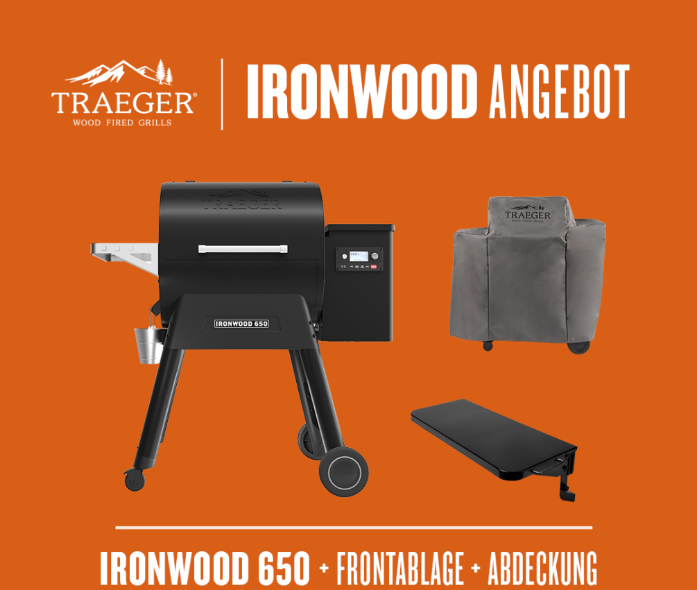Traeger Ironwood 650 Starter-Set inkl. Abdeckhaube + Frontablage & Pellets TFB65BLFC